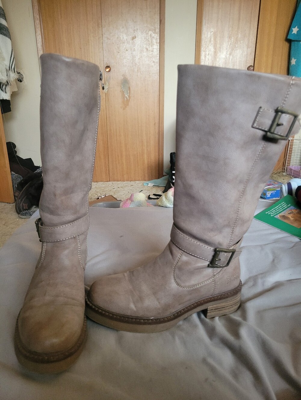 Blowfish Gray Taupe Mid-Calf Buckle Riding Boots